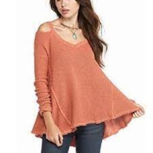 Free People Orange Moonshine V-neck Waffle Pullover. Size Medium - Picture 1 of 5